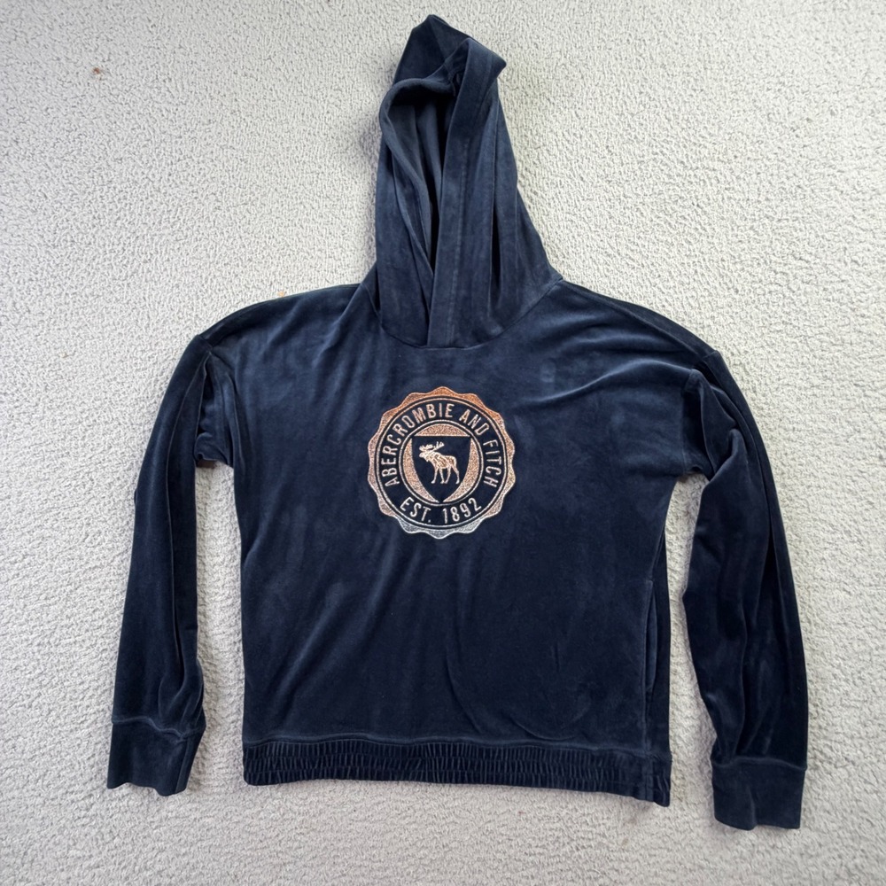 Abercrombie Kids Navy Velour Hoodie Embroidered Logo Y2K Size 13/14 252F1311